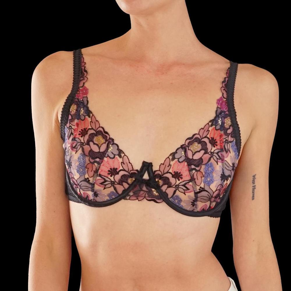 For Love and Lemons black  pink and purple floral lace bra